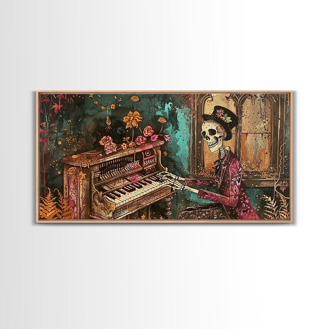 Skeleton Playing The Piano, Framed Canvas Print, Halloween Decor, Spooky Month Home Decor