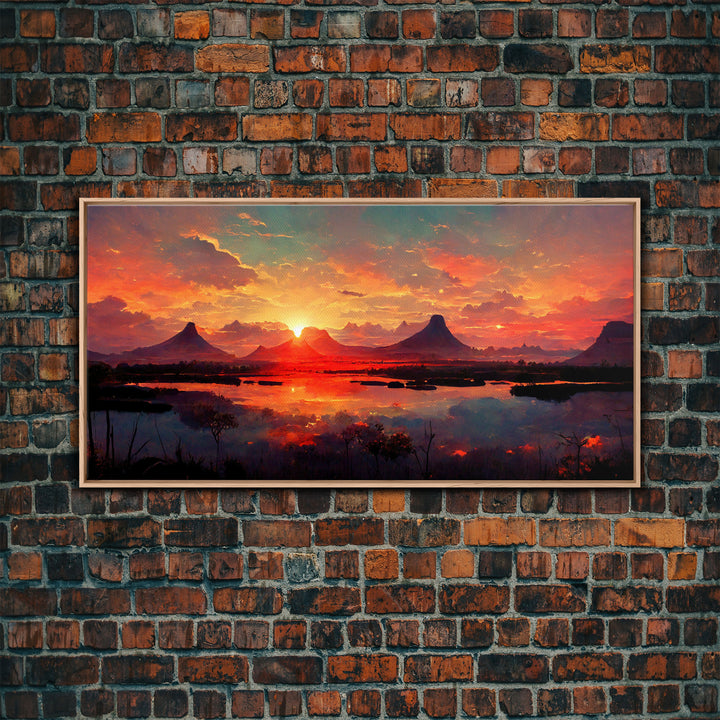 Mountain and Lake Sunset Wall Art Oil Painting On Canvas, Canvas Print, Ready to hang gallery wrapped nature framed canvas print, lake life