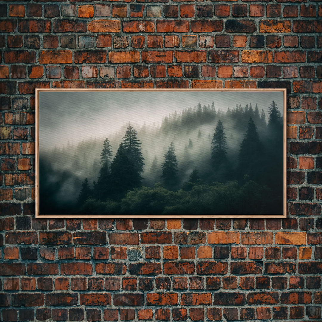Morning fog over a mountain forest, framed canvas print, foggy pine tree landscape, framed wall art, misty mountain landscape art