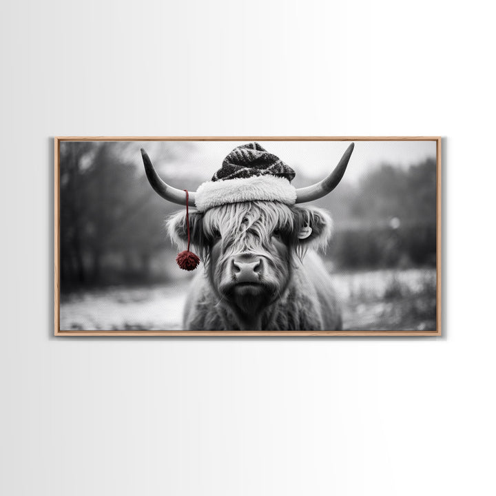 Highland Cow Wearing Santa Hat, Festive and Fun Framed Canvas Print for Holiday Wall Art, Living Room or Bedroom Decor