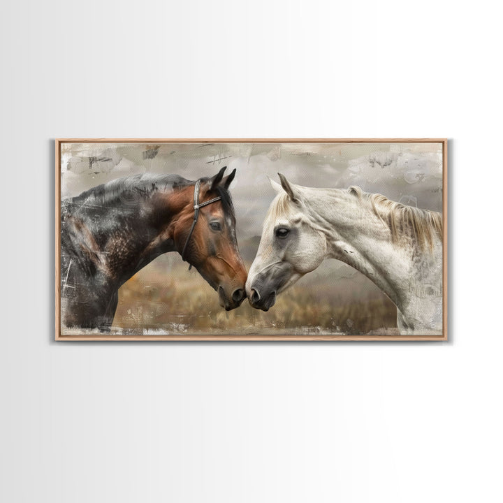 Black and White Horses, Framed Canvas Print for Elegant Living Room Decor, Equine Art for Home and Bedroom Decoration