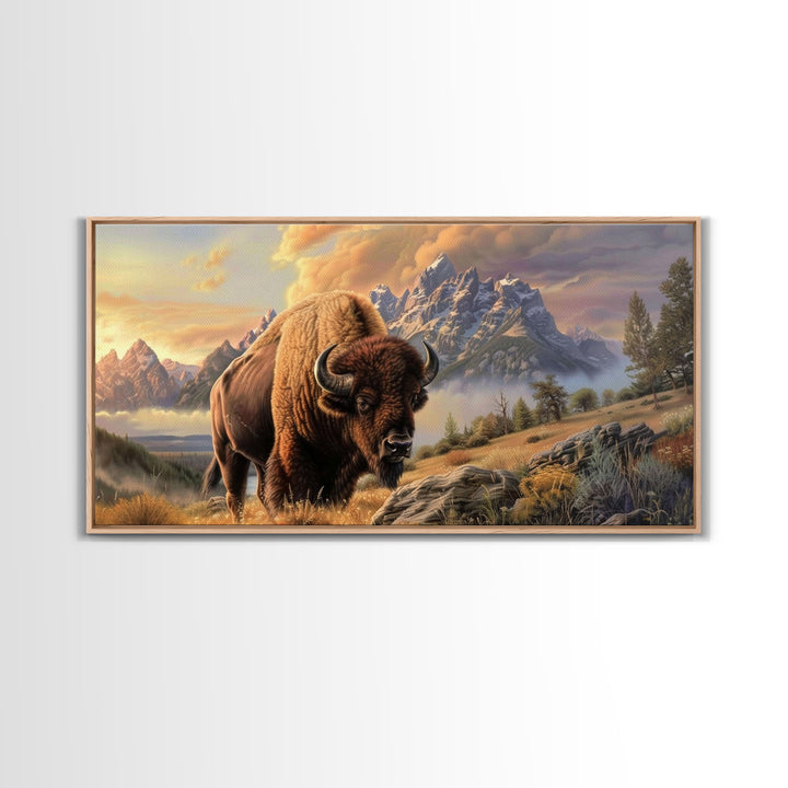 Powerful Bison in Mountain Valley, Framed Canvas Print, Ideal for Living Room Art, Nature Inspired Wall Art, Bedroom Decoration