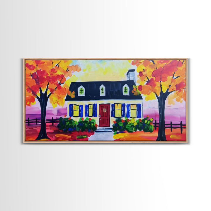 Cozy Cottage in Autumn, Framed Canvas Print, Ideal for Living Room Art, Rustic Home Decor, Charming Bedroom Wall Art