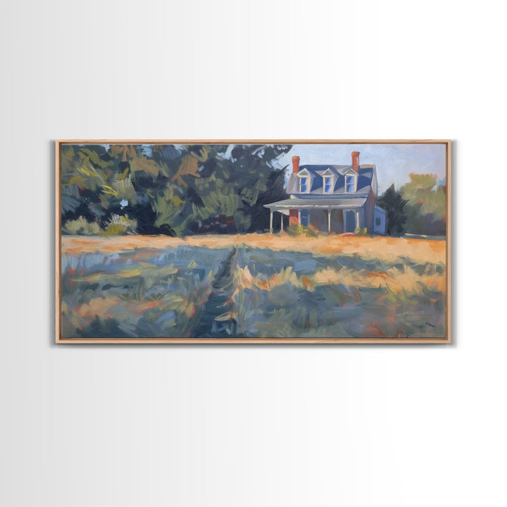 Serene Farmhouse at Dusk, Framed Canvas Print, Great for Living Room Art, Country Home Decor, Relaxing Bedroom Wall Art