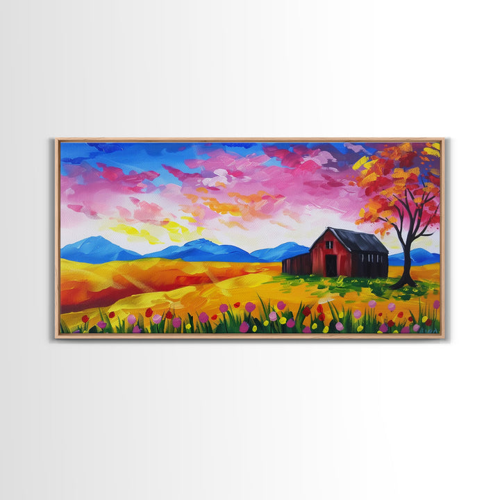 Bright Barn in Floral Field, Framed Canvas Print, Perfect for Living Room Art, Vibrant Home Decor, Colorful Bedroom Wall Art