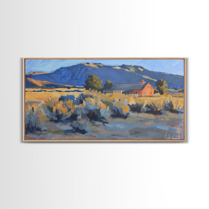 Rustic Cabin in Open Field, Framed Canvas Print, Ideal for Living Room Art, Country Style Home Decor, Cozy Bedroom Wall Art