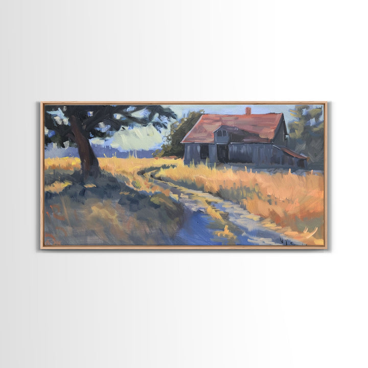 Quaint House on Country Road, Framed Canvas Print, Perfect for Living Room Art, Rustic Home Decor, Serene Bedroom Wall Art