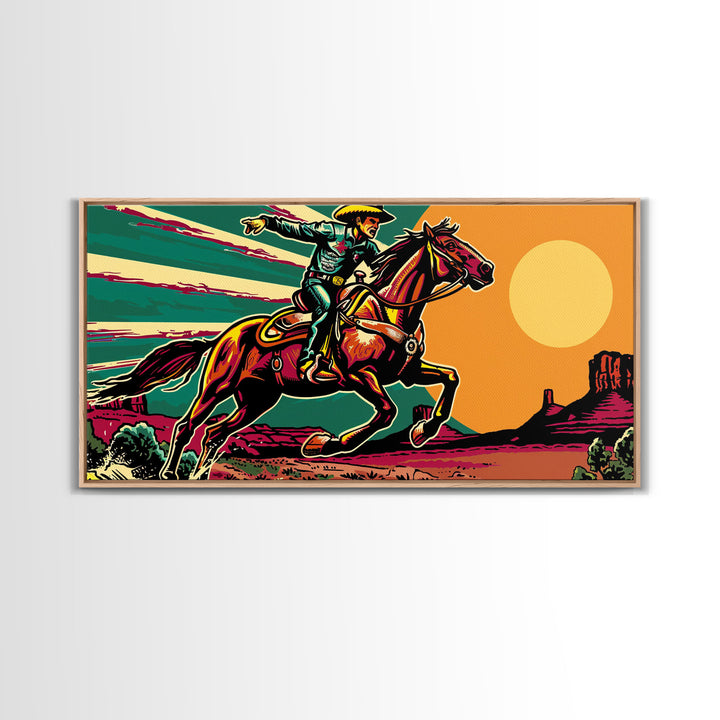 Vintage Cowboy Riding Horse, Western Sunset Wall Art, Framed Canvas Print, Rustic Decor, Cowboy Art, Country Living Room
