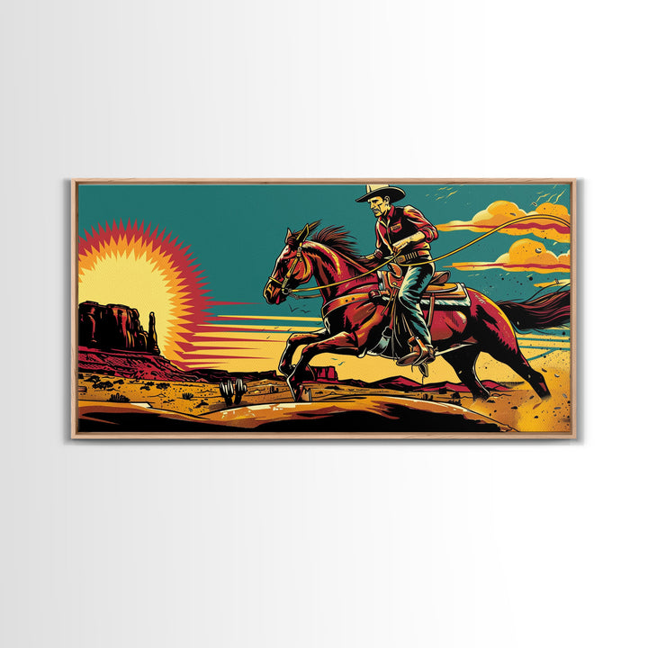 Cowboy Riding Through Desert, Southwestern Landscape Art, Framed Canvas Print, Boho Decor, Desert Art, Rustic Wall Art