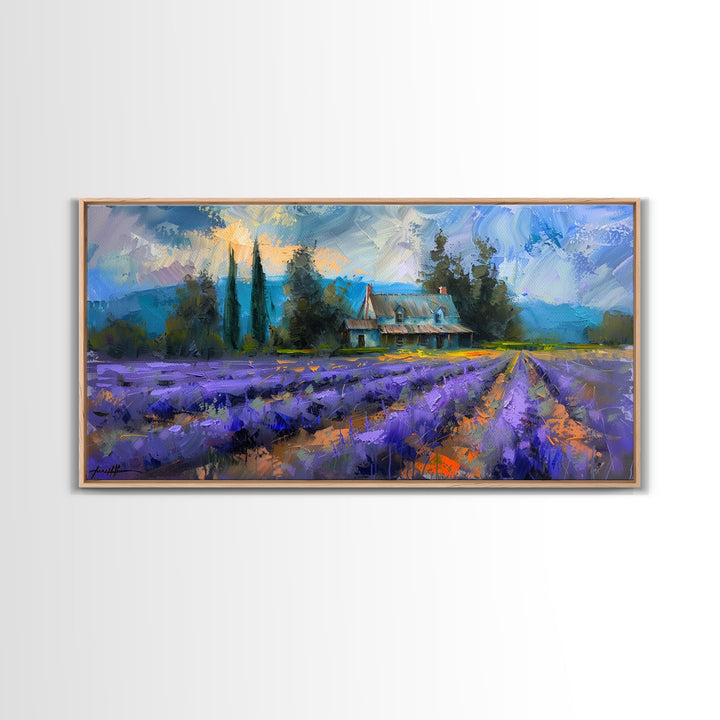 Lavender Field with Cottage, Impressionist Style, Framed Canvas Print, Farmhouse Decor, Cottagecore Art, Pastel Wall Art