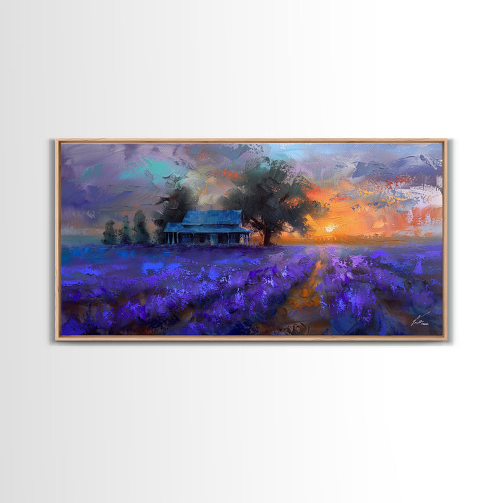 Lavender Field at Dusk, Moody Landscape Art, Framed Canvas Print, Boho Decor, Lavender Art, Rustic Bedroom Decor