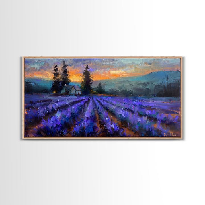 Lavender Field with Cottage, Warm Sunset Colors, Framed Canvas Print, Rustic Decor, Country Wall Art, Farmhouse Vibes