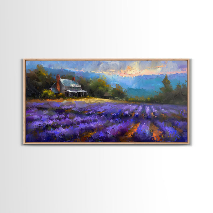 Lavender Field at Twilight, Dreamy Landscape Art, Framed Canvas Print, Boho Bedroom Decor, Purple Art, Rustic Wall Art