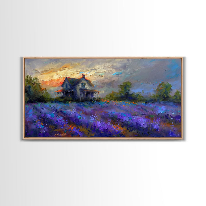 Country Cottage in Lavender Field, Impressionist Style, Framed Canvas Print, Farmhouse Decor, Cozy Art, Rustic Living Room