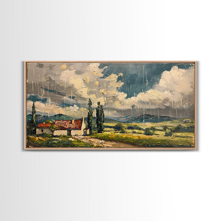 Rainy Day Over Cottage, Textured Landscape Art, Framed Canvas Print, Boho Decor, Farmhouse Style, Moody Wall Art