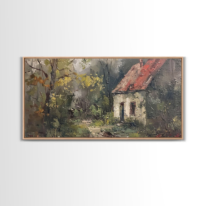 Rustic Cottage in Autumn Forest, Framed Canvas Print, Farmhouse Style, Living Room Art, Bedroom Decor, Nature Wall Art