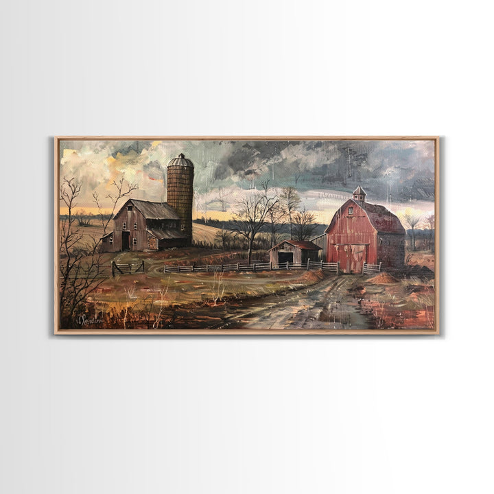 Vintage Farm Scene with Silos, Framed Canvas Print, Rustic Wall Art, Living Room Decor, Farmhouse Style, Country Home Art