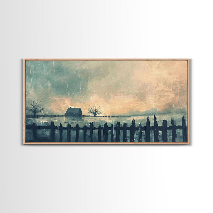 Winter Farmhouse in Snowy Landscape, Framed Canvas Print, Minimalist Wall Art, Living Room Art, Bedroom Decor, Winter Scene