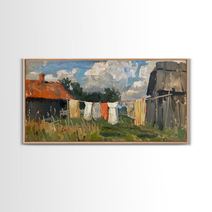 Clothesline with Rustic Farmhouse, Framed Canvas Print, Farmhouse Style, Living Room Art, Country Decor, Vintage Scene