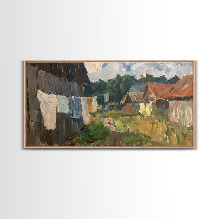 Rustic Farmyard with Laundry, Framed Canvas Print, Farmhouse Wall Art, Living Room Decor, Country Style, Outdoor Scene