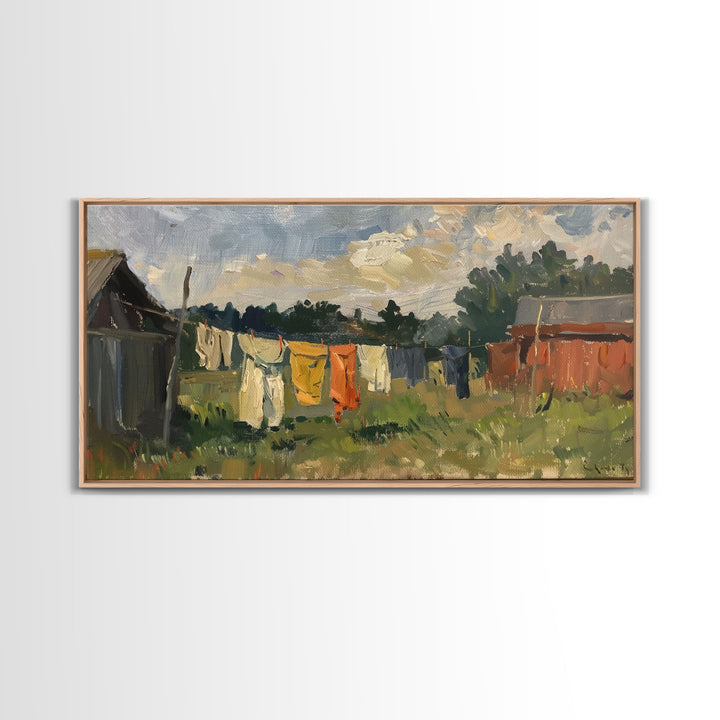 Sunny Day on the Farm with Clothesline, Framed Canvas Print, Rustic Wall Art, Living Room Decor, Farmhouse Style, Country Scene