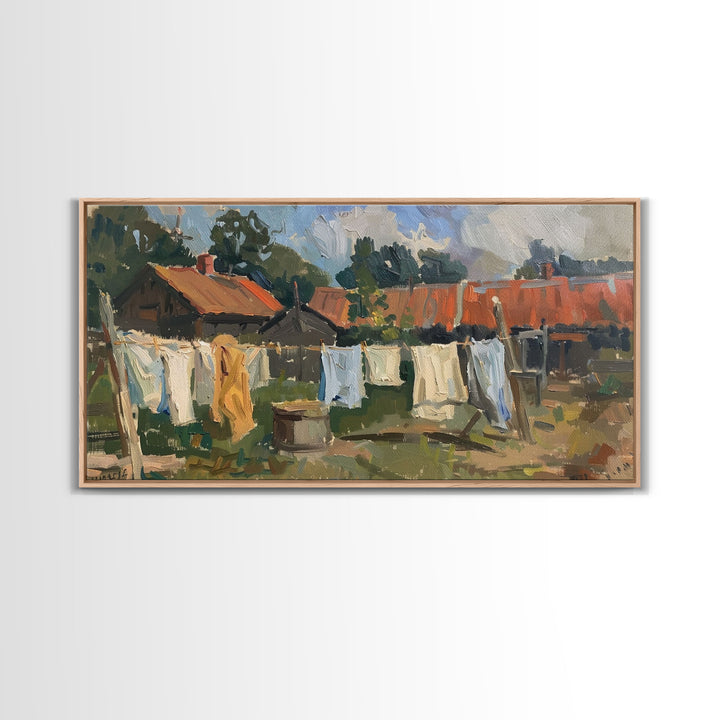 Rustic Homestead with Clothesline, Framed Canvas Print, Farmhouse Style, Living Room Art, Country Decor, Vintage Scene