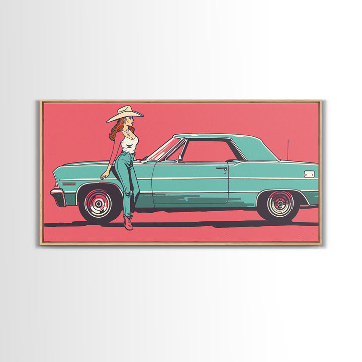 Cowgirl Leaning Against Classic Car in Pop Art Style, Vibrant Framed Canvas Print for Bedroom, Perfect Living Room Wall Art