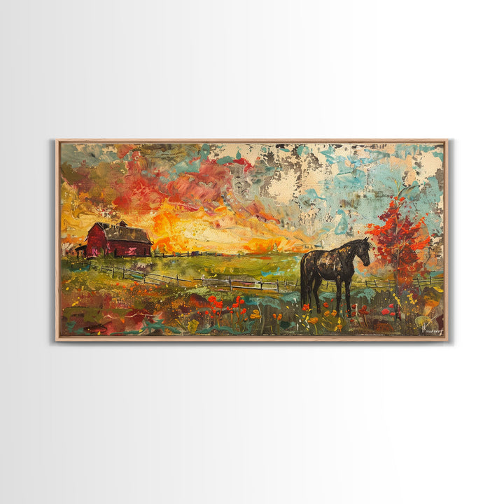 Horse and Red Barn in Colorful Field, Beautiful Farmhouse Art, Framed Canvas Print, Rustic Living Room Decor, Vibrant Wall Art