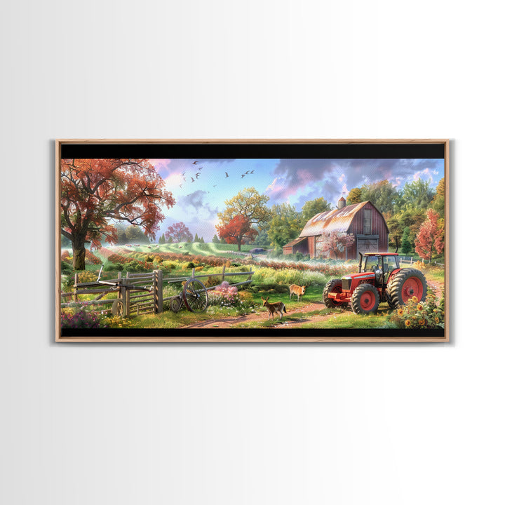 Tranquil Farm Scene with Red Barn and Tractor, Idyllic Rural Art, Framed Canvas Print, Country Wall Decor, Living Room Decoration