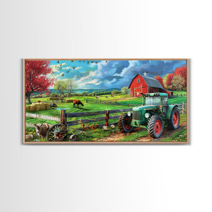 Green Tractor and Red Barn in Lush Fields, Perfect Farmhouse Art, Framed Canvas Print, Rural Wall Decor, Living Room Decoration