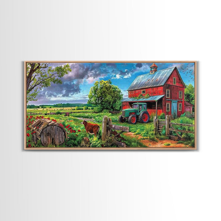Rustic Barn with Green Tractor in Field, Stunning Country Art, Framed Canvas Print, Farmhouse Wall Decor, Living Room Decoration