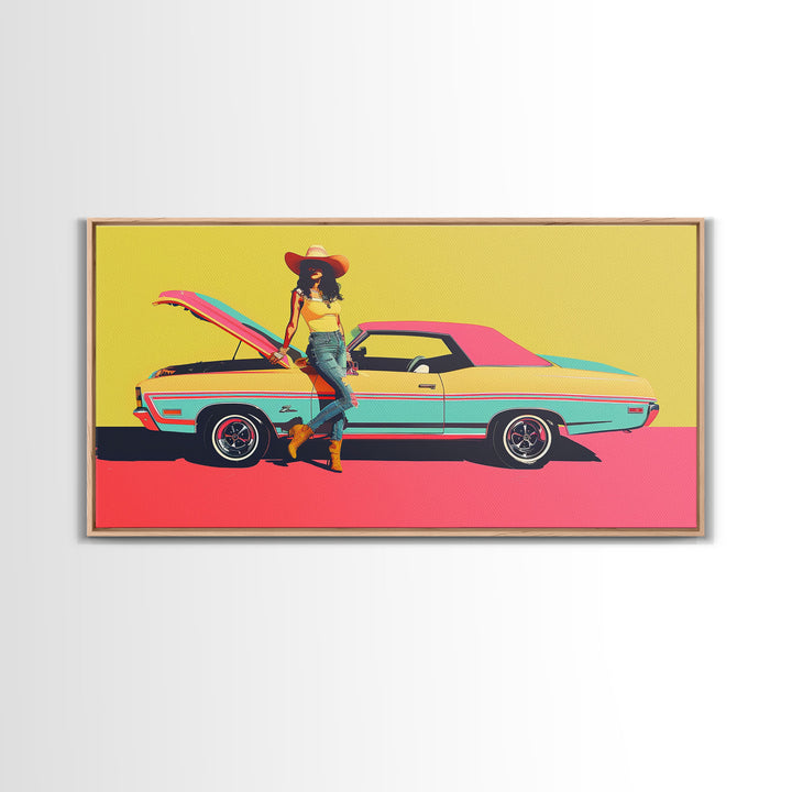 Colorful Pop Art Cowgirl with Classic Car, Framed Canvas Print for Living Room, Bright Bedroom Wall Art, Unique Home Decor