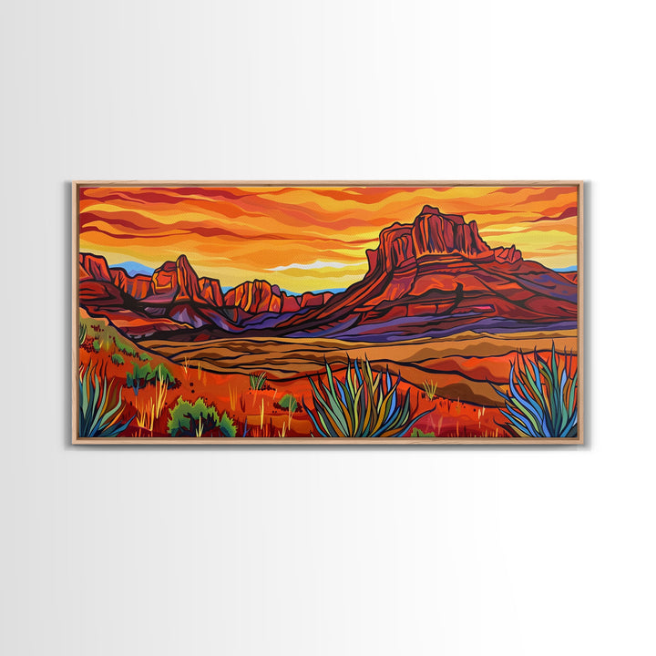 Colorful Desert Sunset with Saguaro Cacti, Framed Canvas Print for Living Room Art, Ideal for Southwestern and Boho Decor