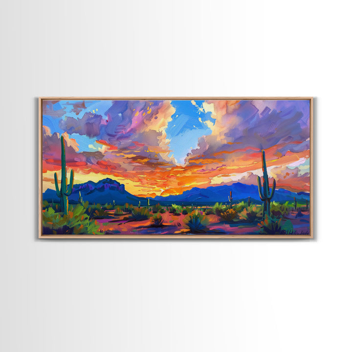 Stunning Desert Sunset with Cacti Silhouettes, Framed Canvas Print for Bedroom Art, Great for Boho and Southwestern Decor