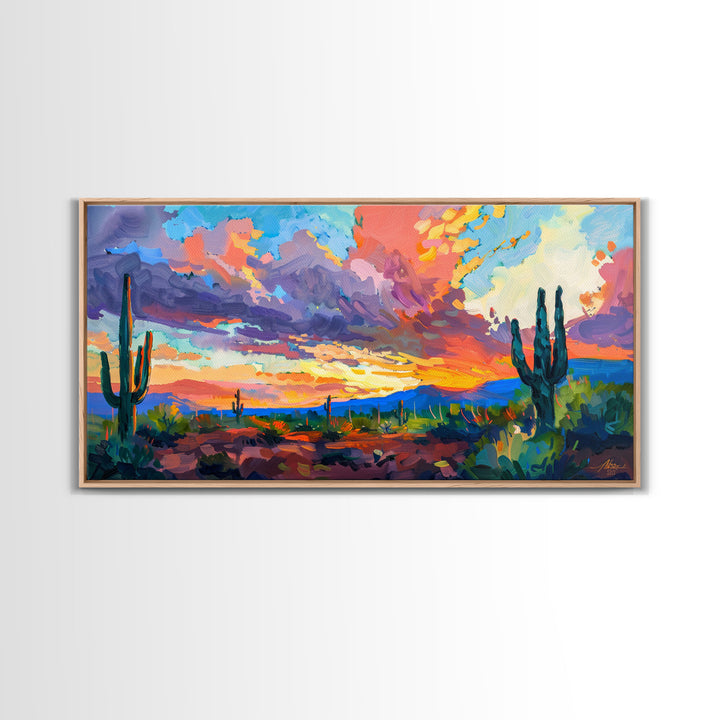 Radiant Desert Pathway with Sunset Glow, Framed Canvas Print for Living Room Art, Perfect for Boho and Southwestern Decor