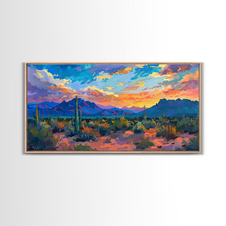 Monument Valley Sunset with Tall Cacti, Framed Canvas Print for Living Room Art, Perfect for Boho and Southwestern Decor
