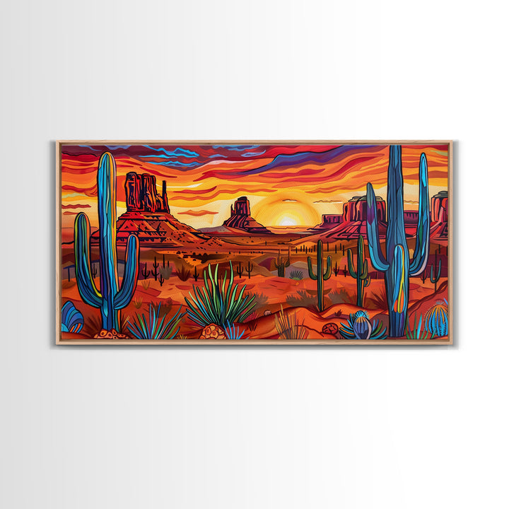 Colorful Desert Evening with Cacti and Mountains, Framed Canvas Print for Bedroom Art, Great for Boho and Southwestern Decor