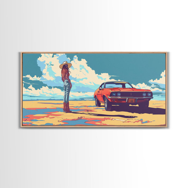 Stylized Cowgirl with Red Car in Vast Desert, Framed Canvas Print for Bedroom, Ideal Living Room Art, Retro Wall Decor