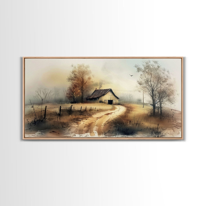 Misty Morning Farmhouse with Winding Path, Beautiful Framed Canvas Print for Bedroom, Boho Wall Art, Countryside Decor