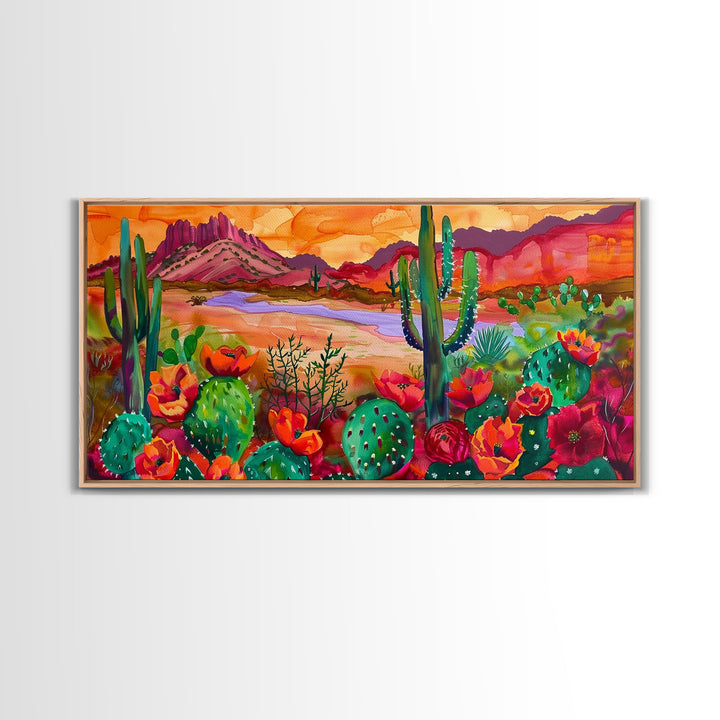 Majestic Cacti and Mountains at Sunset, Captivating Framed Canvas Print for Bedroom, Southwestern Style Wall Art, Nature Scene