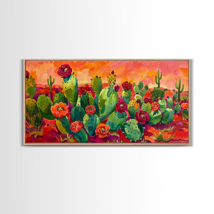 Bright Desert Flowers and Cacti with Mountains, Vibrant Framed Canvas Print for Home, Boho Wall Art, Nature Lover's Decor
