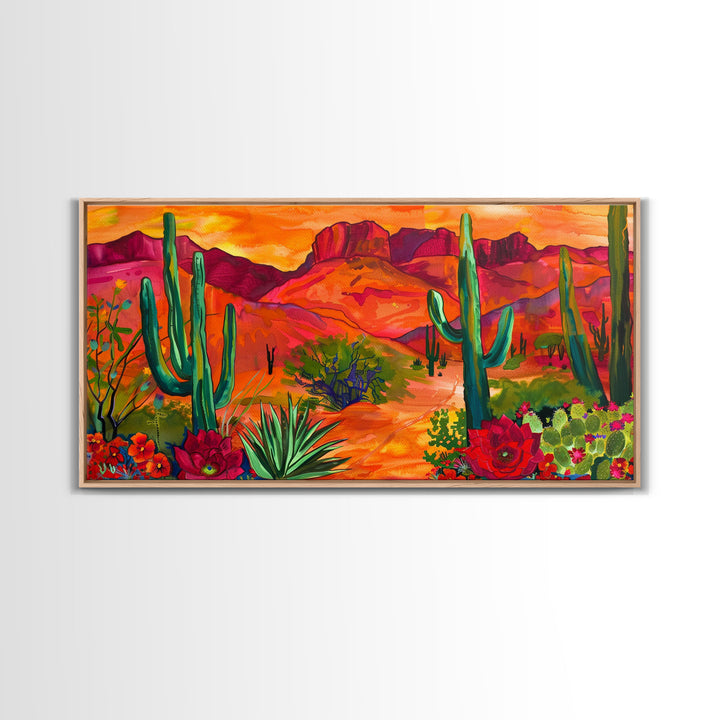 Colorful Desert Landscape with Cacti and Mountains, Stunning Framed Canvas Print for Living Room, Boho Wall Art, Nature Decor