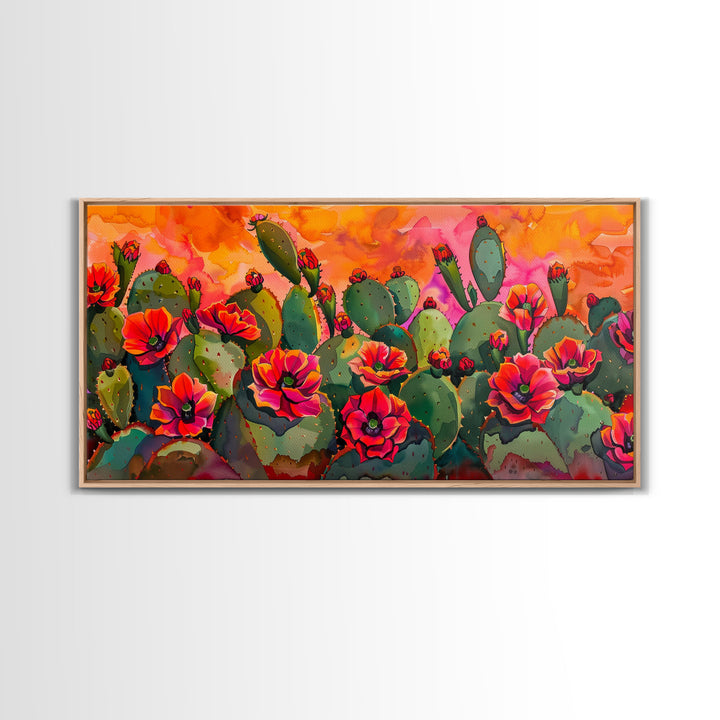 Lush desert landscape with blooming cacti at sunset, Framed Canvas Print, ideal for minimalist living room, wall art decor