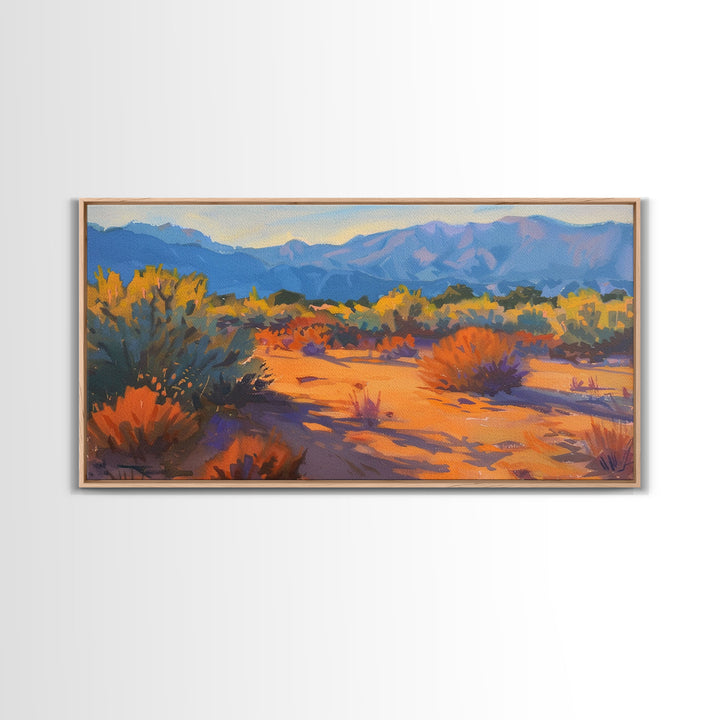 Serene desert landscape with vibrant colors, Framed Canvas Print, perfect for boho living room, southwestern wall art decor