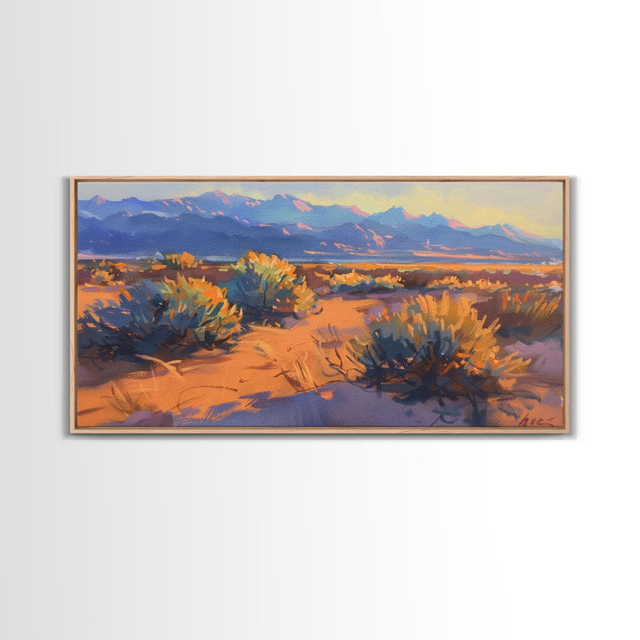 Desert brush and vibrant colors at sunset, Framed Canvas Print, perfect for southwestern living room, bohemian wall decor art