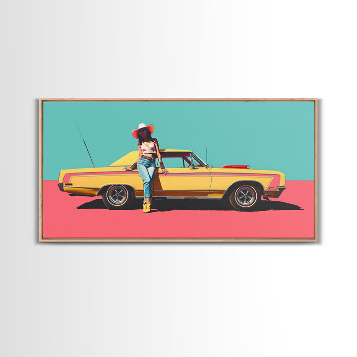 Bold Cowgirl Posing with Yellow Car, Pop Art Framed Canvas Print for Living Room, Ideal Bedroom Wall Art, Unique Home Decor