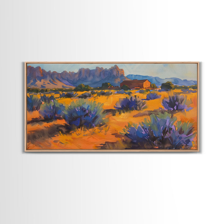 Rustic Barn in Desert Scene, Stunning Wall Art for Bedroom, Framed Canvas Print, Boho Style, Minimalist Home Decoration