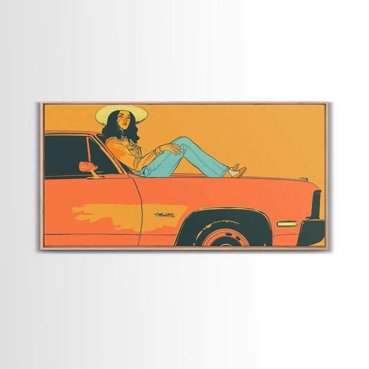 Relaxed Cowgirl Sitting on Car Hood, Retro Framed Canvas Print for Bedroom, Perfect Living Room Art, Vintage Wall Decor