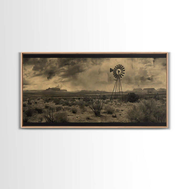 Rustic Windmill in Desert Landscape, Framed Canvas Print for Western Style Living Room, Perfect Bedroom Wall Art, Vintage Decor