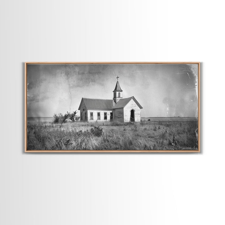 Vintage Country Church in Open Field, Framed Canvas Print for Living Room Decor, Perfect Bedroom Art, Rustic Western Wall Art